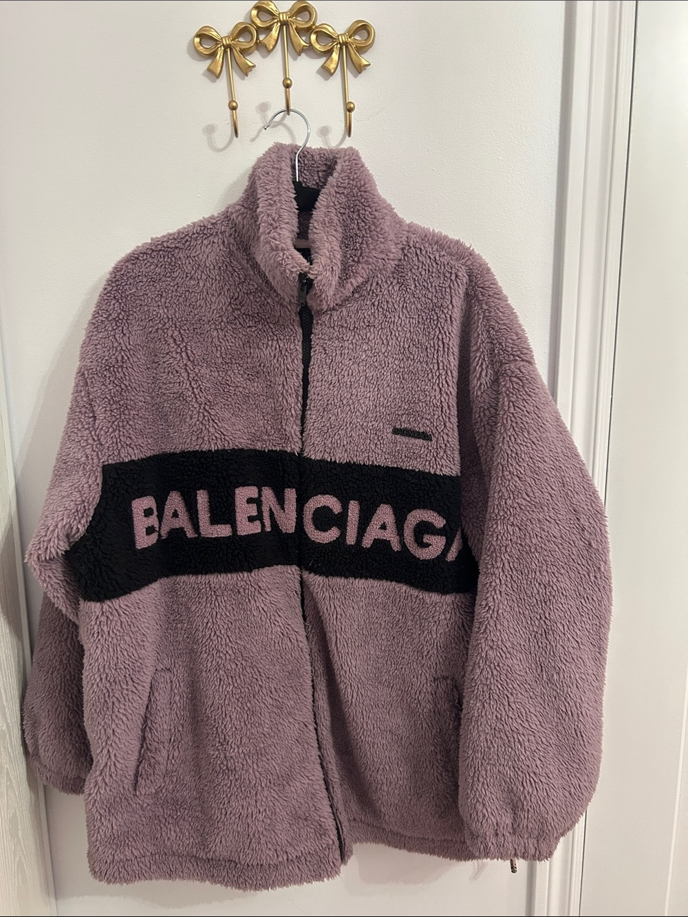 Balenciaga Mauve Teddy Jacket with Black Logo Band